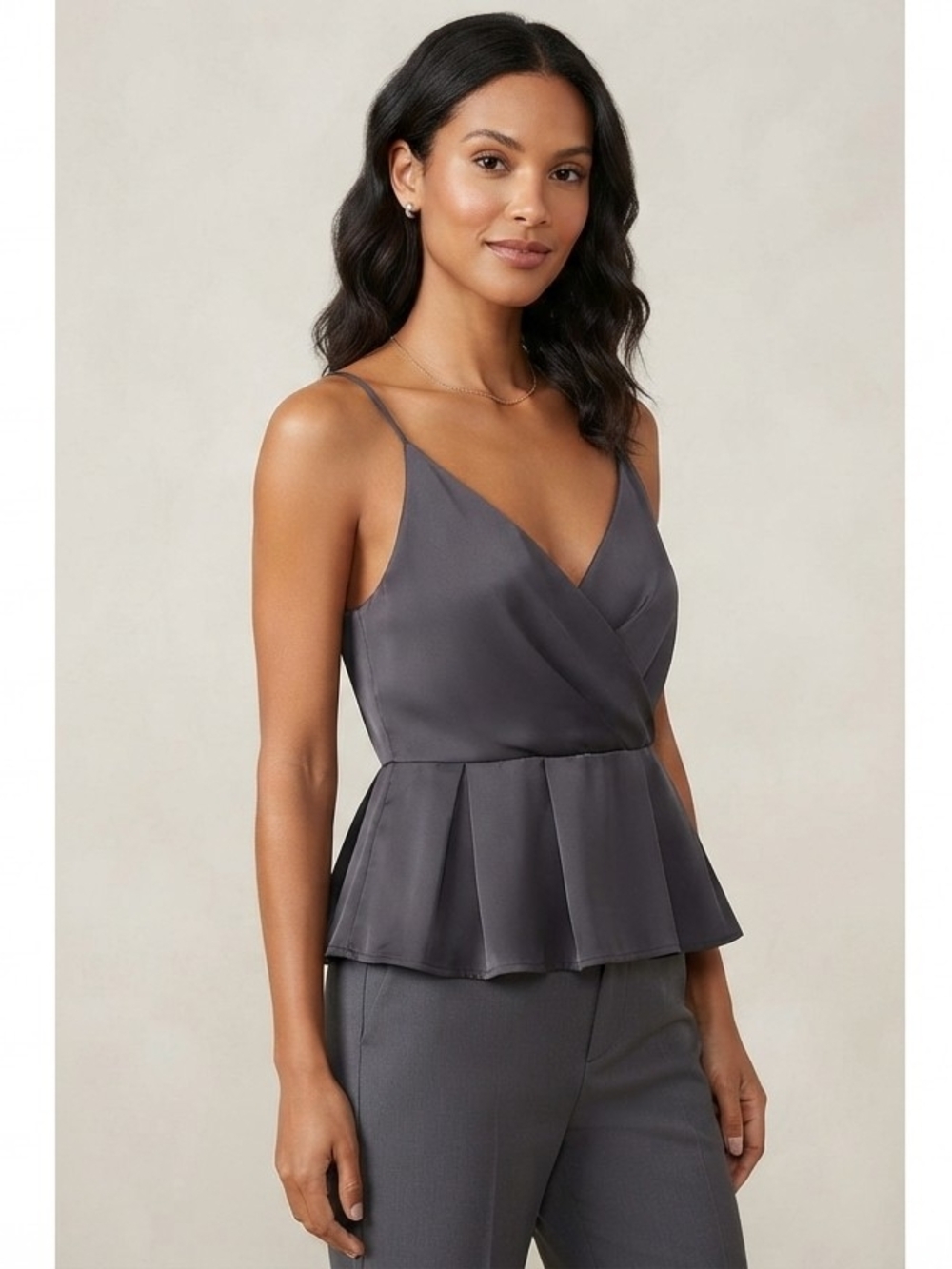 Pleione Charcoal Gray Satin Peplum Wrap Cami